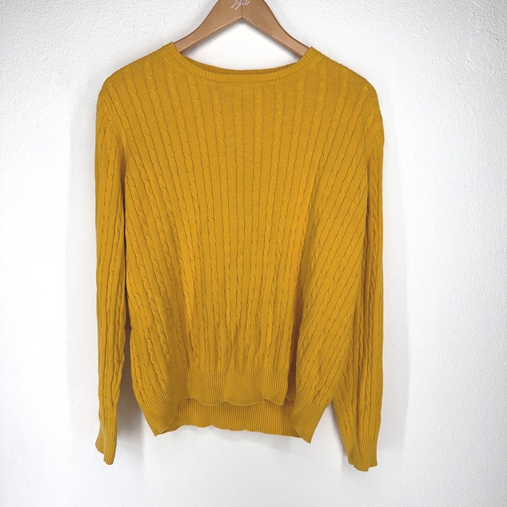 Vintage Womens Fisherman Cable Knit‎ Crew Sweater Medium Yellow Cotton Pullover